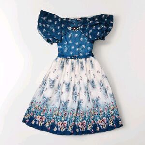 X'Tro Kids Girls Floral Pleated Dress Blue Belted Short Ruffle Sleeve Sz 34 GUC